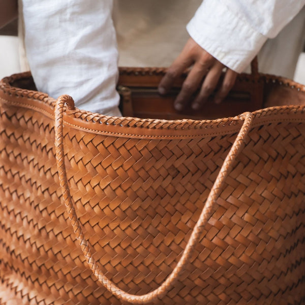 Brown Woven Vegan Leather Basket Bag Handbag